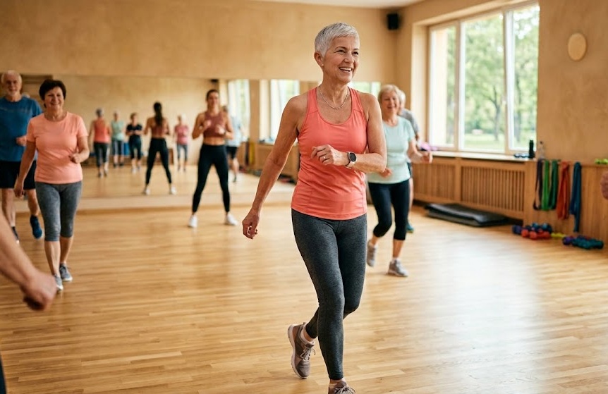 A cheerful Central European Caucasian woman aged about 60 with short grey hair in a coral activewear top, smiling brightly during a gentle low-impact cardio class in a warm sand-toned studio, soft natural daylight, other happy older adults blurred in the background, lifestyle photography, warm and energetic mood, high detail