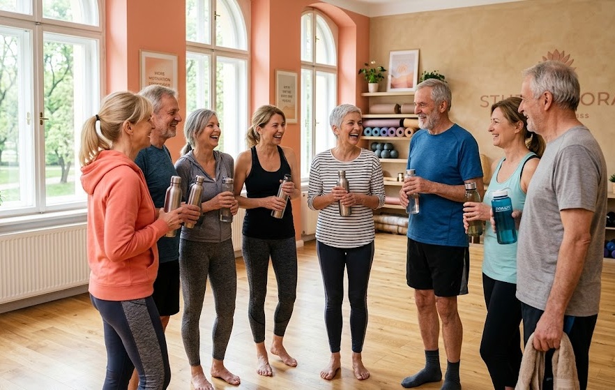 A warm, welcoming fitness studio interior in soft coral and sand tones, a friendly group of Central European Caucasian adults aged 50 to 68 standing together in a circle after a class, laughing and chatting, holding water bottles, bright natural light through tall windows, candid lifestyle photography, joyful community atmosphere, high detail