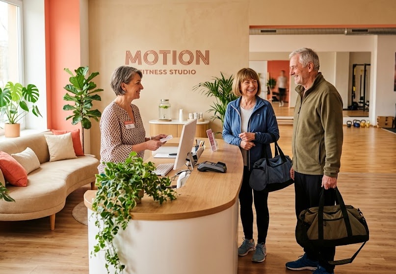 A bright and welcoming fitness studio reception area in coral and sand tones, a friendly Central European Caucasian receptionist woman in her early 50s with a warm smile greeting a happy visitor couple aged around 60, soft natural daylight, rounded furniture, plants, inviting modern interior, lifestyle photography, cheerful atmosphere, high detail